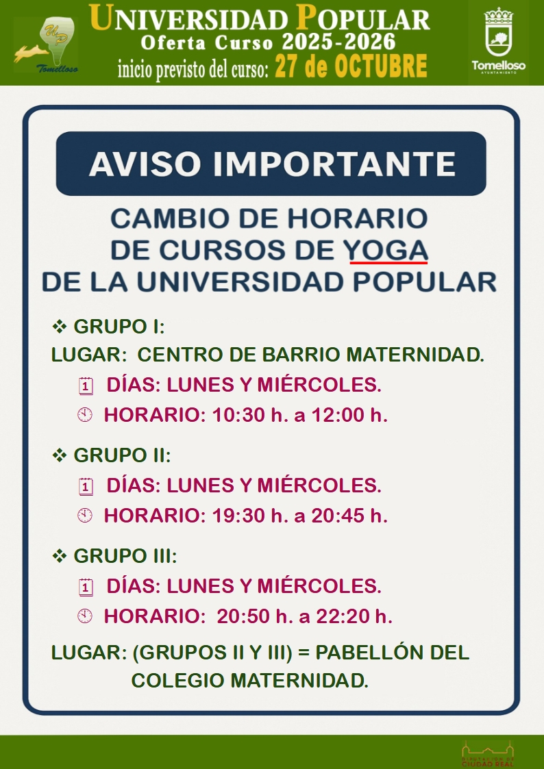 Aviso sobre cdambio de horarios cursos de Yoga de la UP