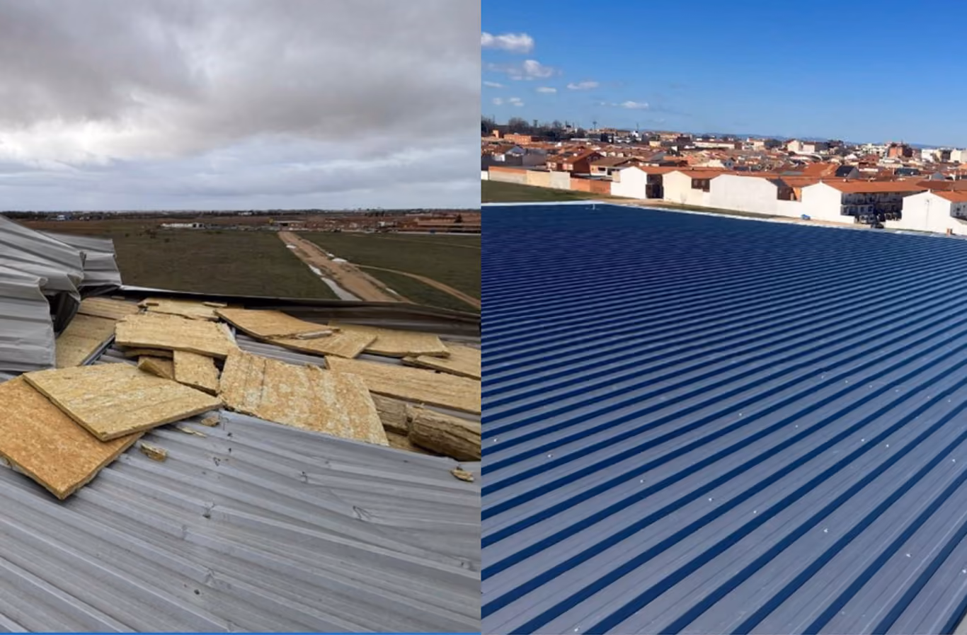 Imagen de la cubierta del pabellón antes y después de la reparación