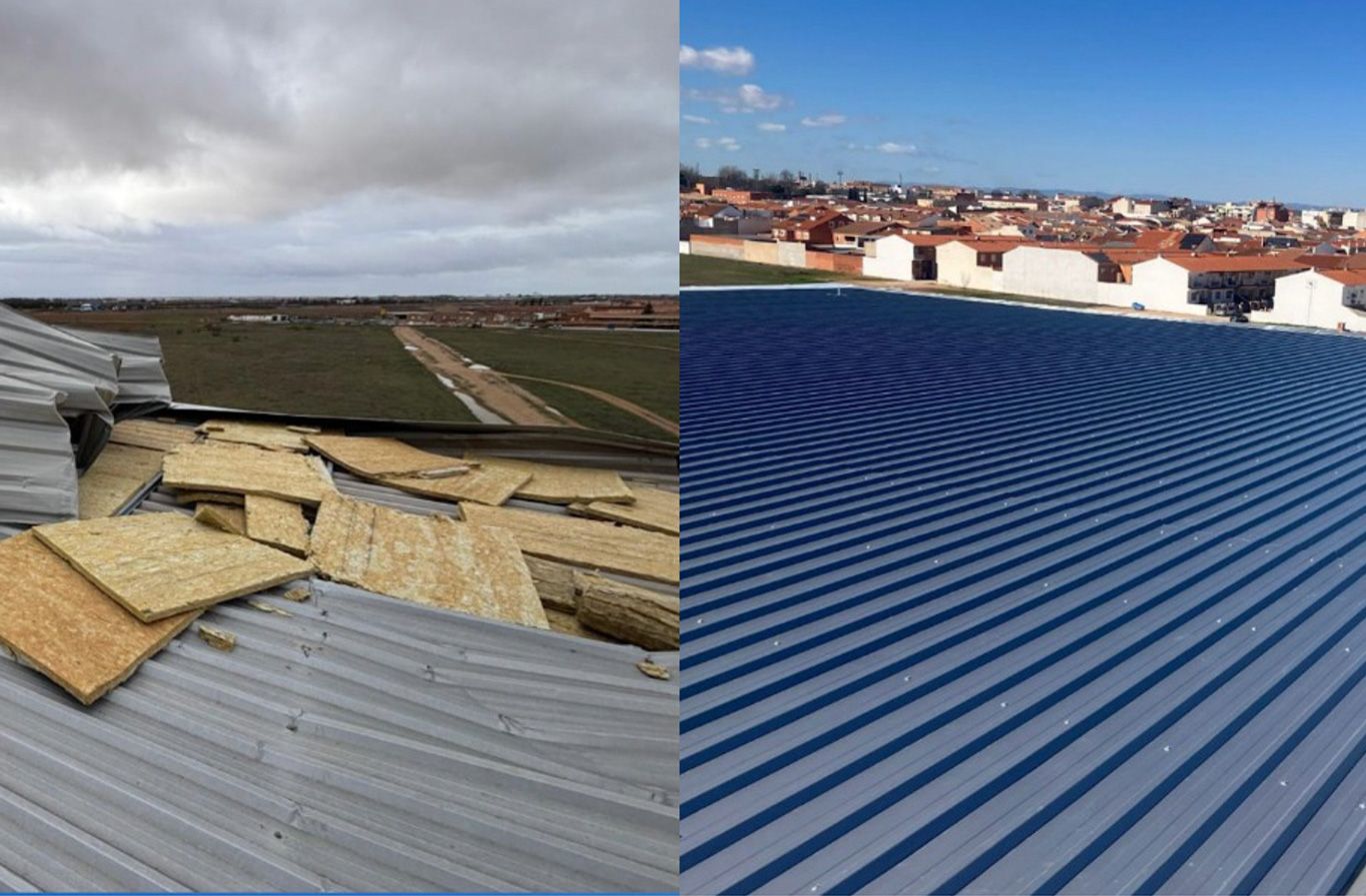 Imagen de la cubierta del pabellón antes y después de la reparación