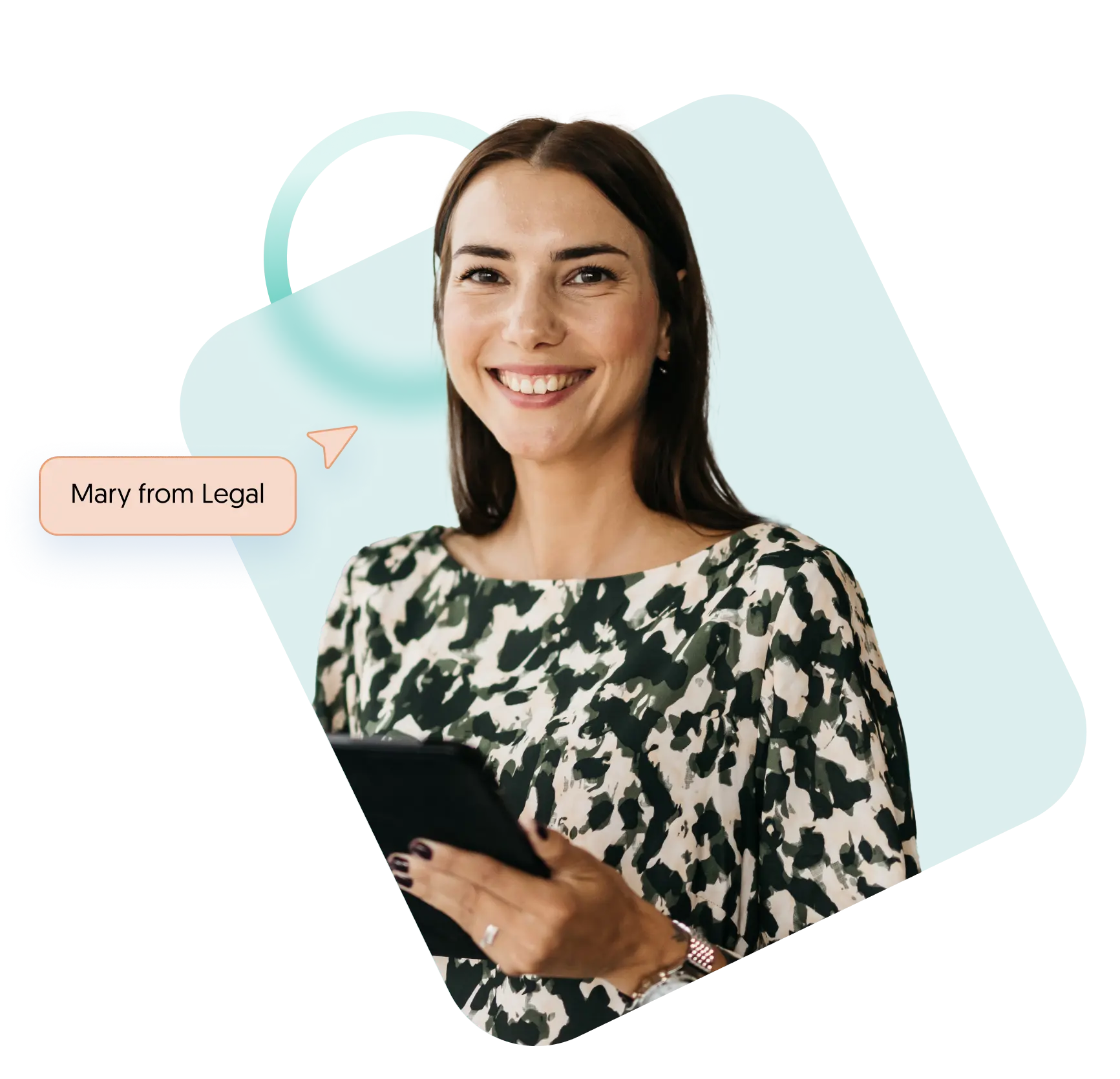 Photo of a smiling woman holding a tablet, identified as "Mary de Direito."