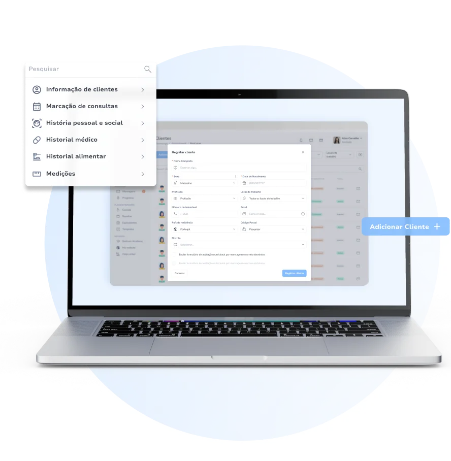 Client management in the Nutrium software includes: client information, appointment scheduling, family and social history, medical history, food history and measurements.