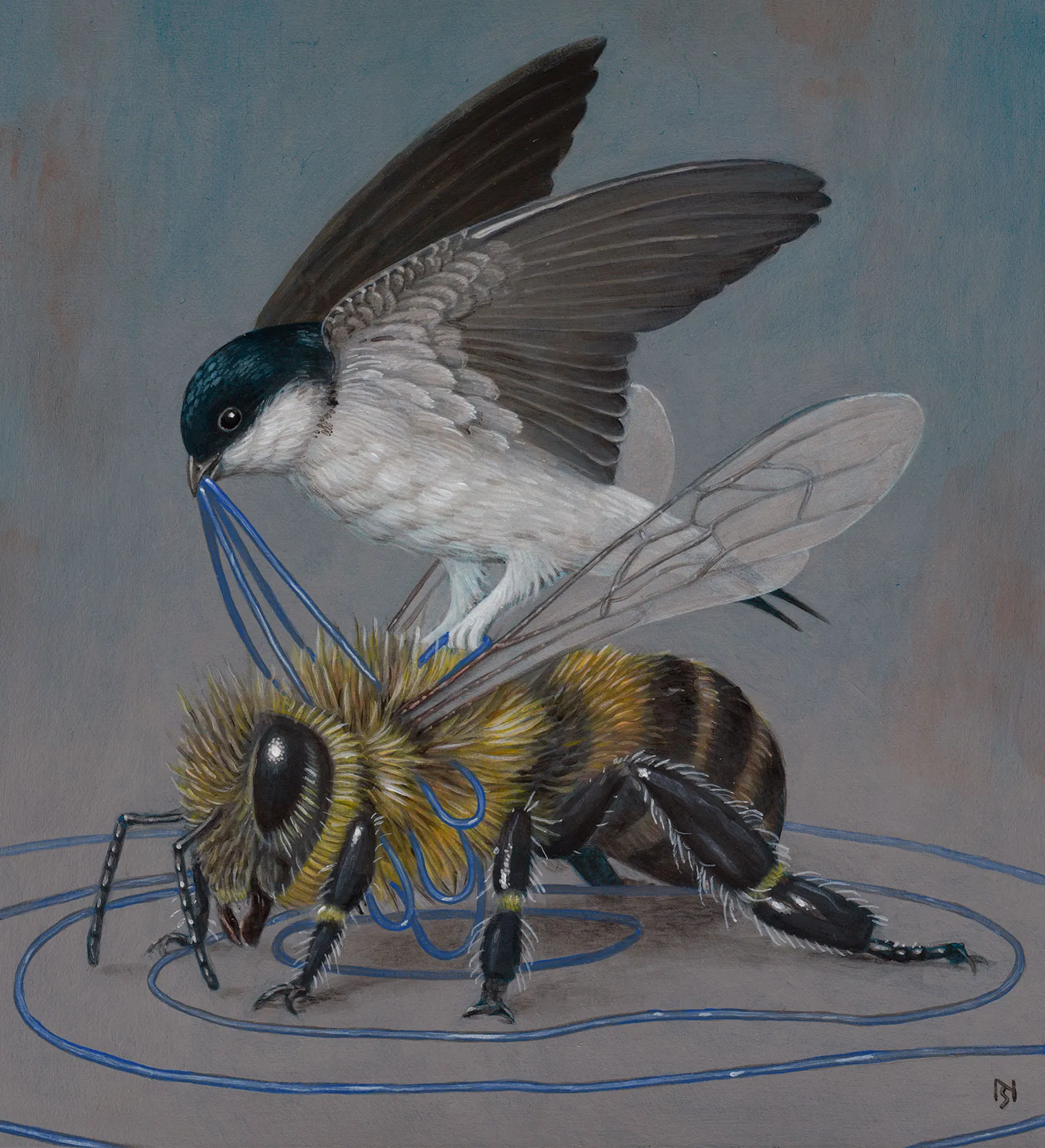 Realistic illustration of a bird on the back of a large bee
