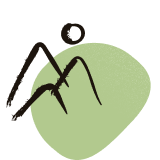 Abstract minimalistische tekening van twee bergtoppen in zwarte lijnen tegen een groen ovaalachtige achtergrond.