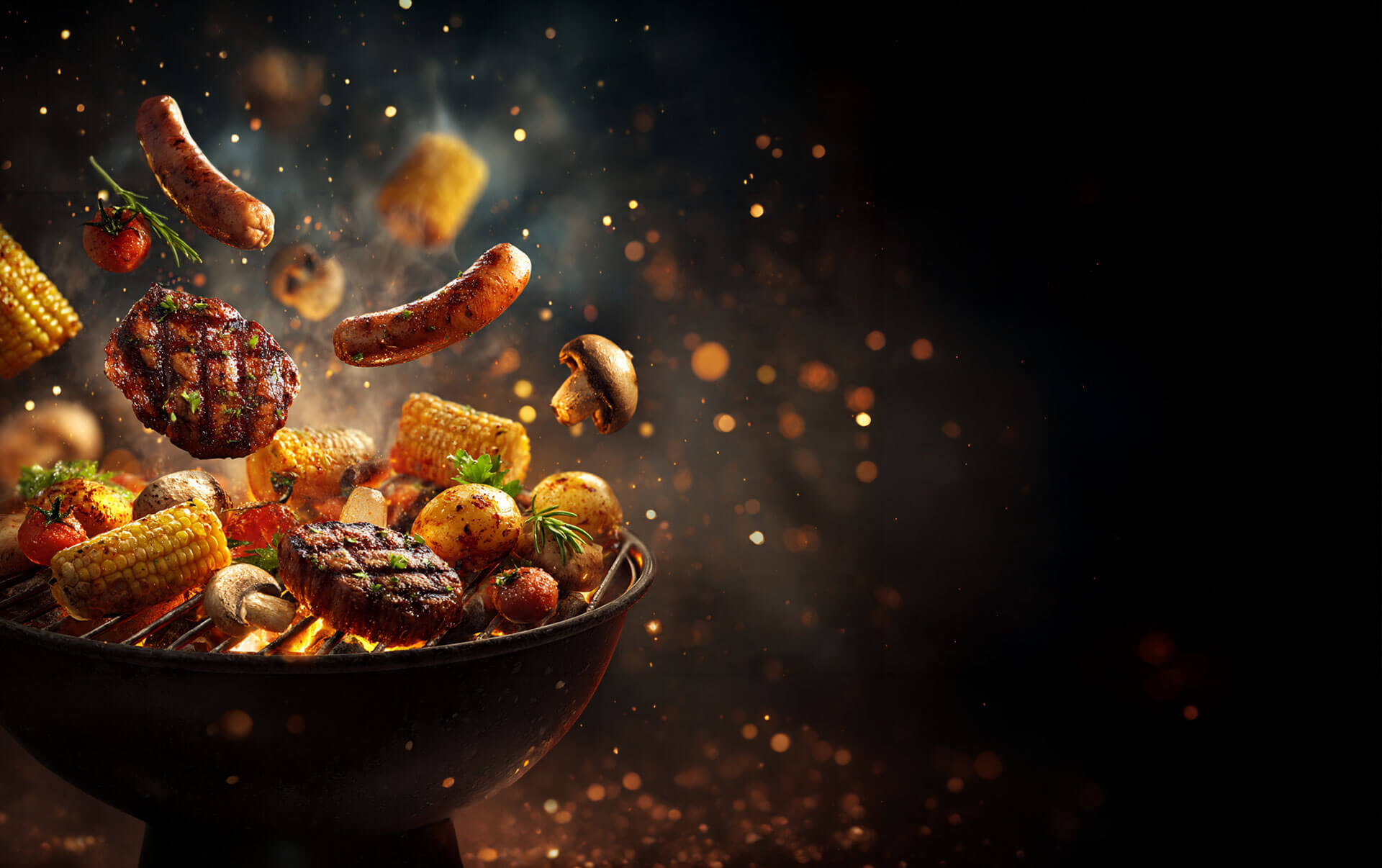 Gegrilltes Fleisch, Würstchen, Maiskolben, Pilze, Kartoffeln und Tomaten schweben über einem Holzkohlegrill mit glühenden Kohlen.