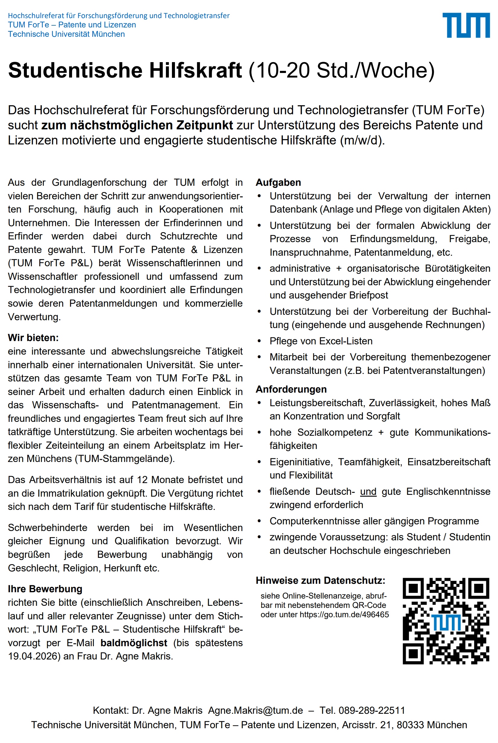 Stellenausschreibungsposter TUM Patente und Lizenzen