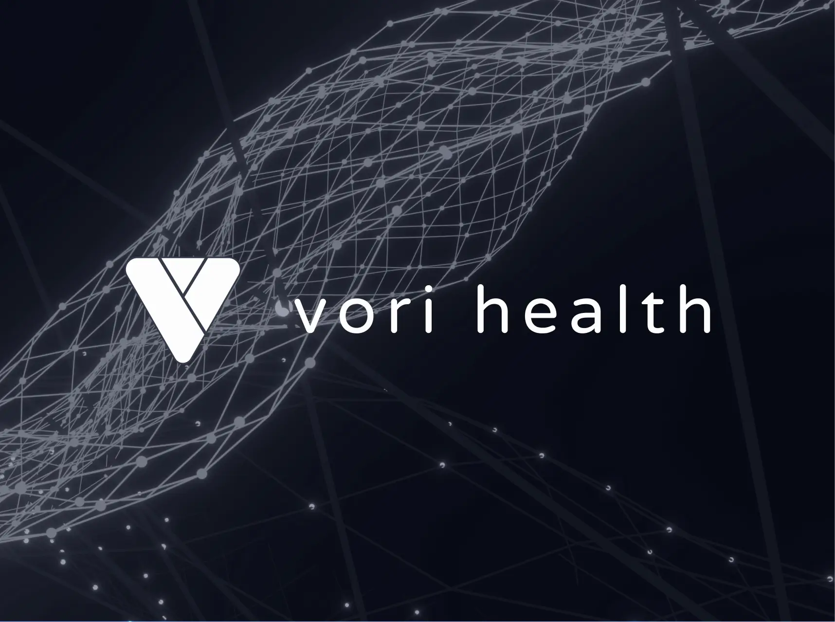 Logo for 'Vori Health' set against a dark, technical background featuring a white 3D wireframe mesh that resembles a digital spine or complex data network.