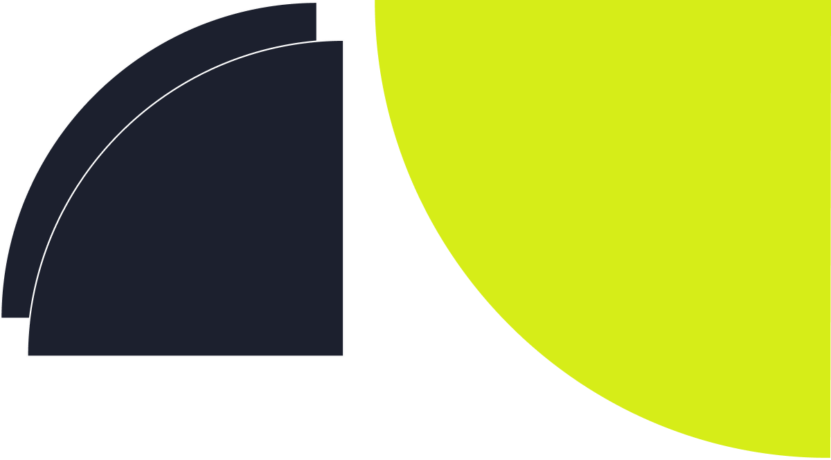 Abstract brand graphic featuring a lime-green quarter-circle, white line-art geometric shapes, and the text "CARE & INNOVATION" arranged in a circular path against a dark background.