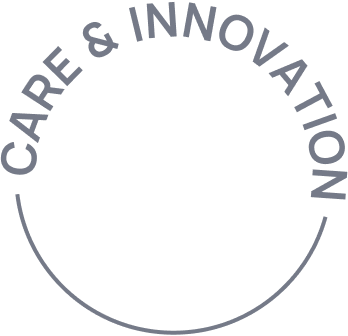 Abstract brand graphic featuring a lime-green quarter-circle, white line-art geometric shapes, and the text "CARE & INNOVATION" arranged in a circular path against a dark background.