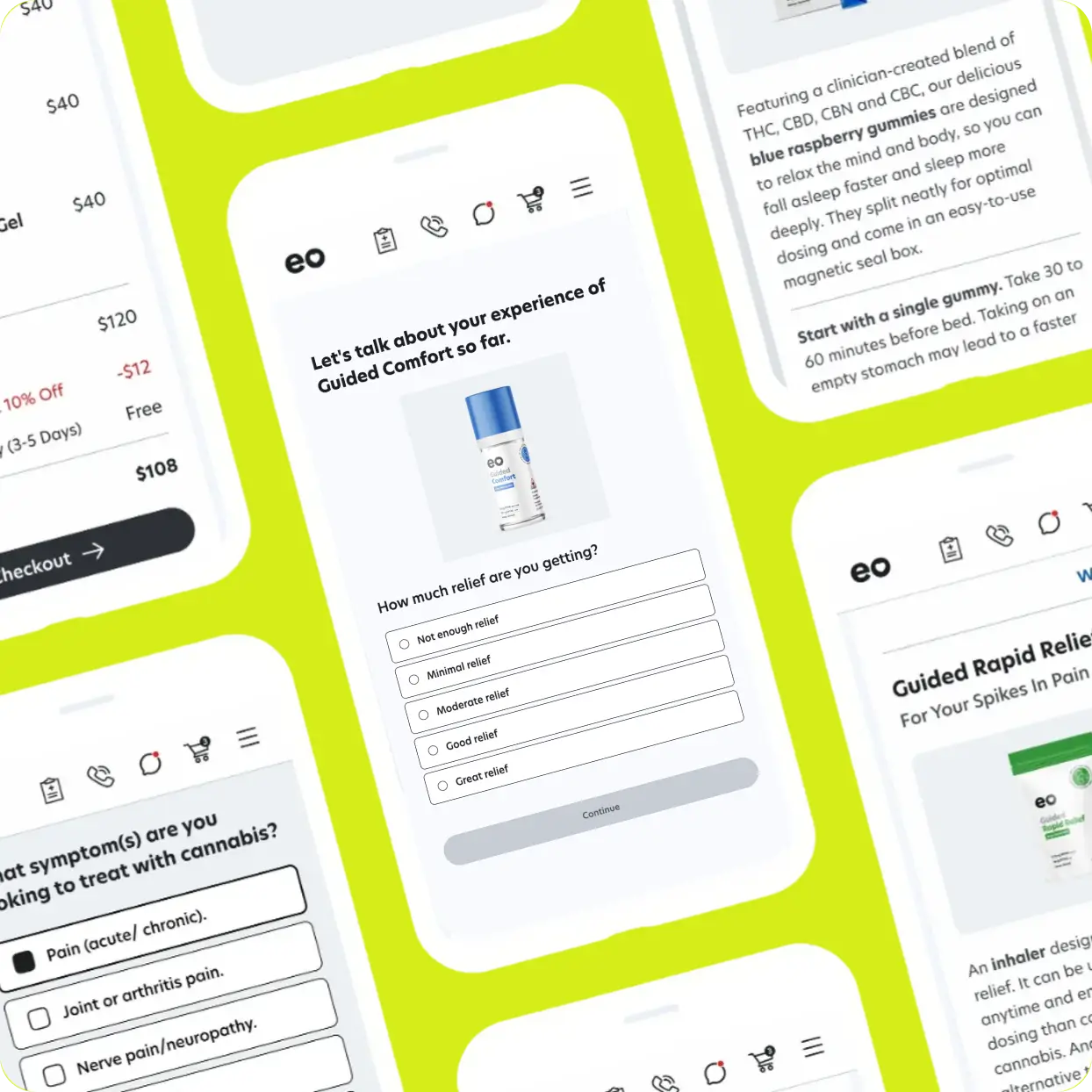 Patient feedback survey screen in the eo Care app collecting treatment outcome data for medical cannabis programs