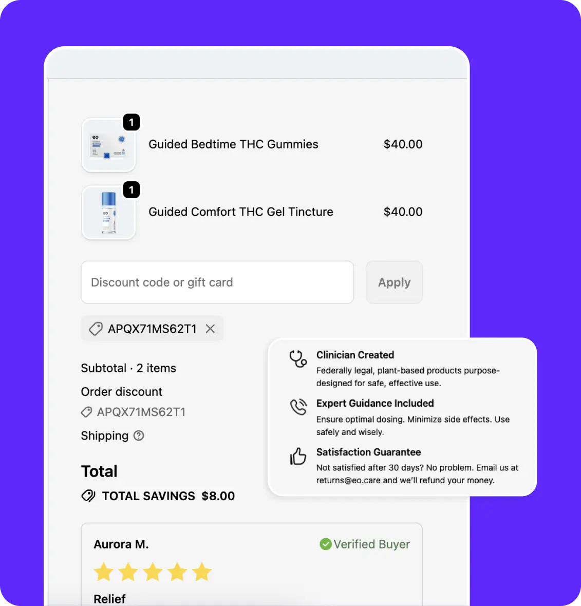 Order confirmation screen in the eo Care app after purchasing a recommended medical cannabis product