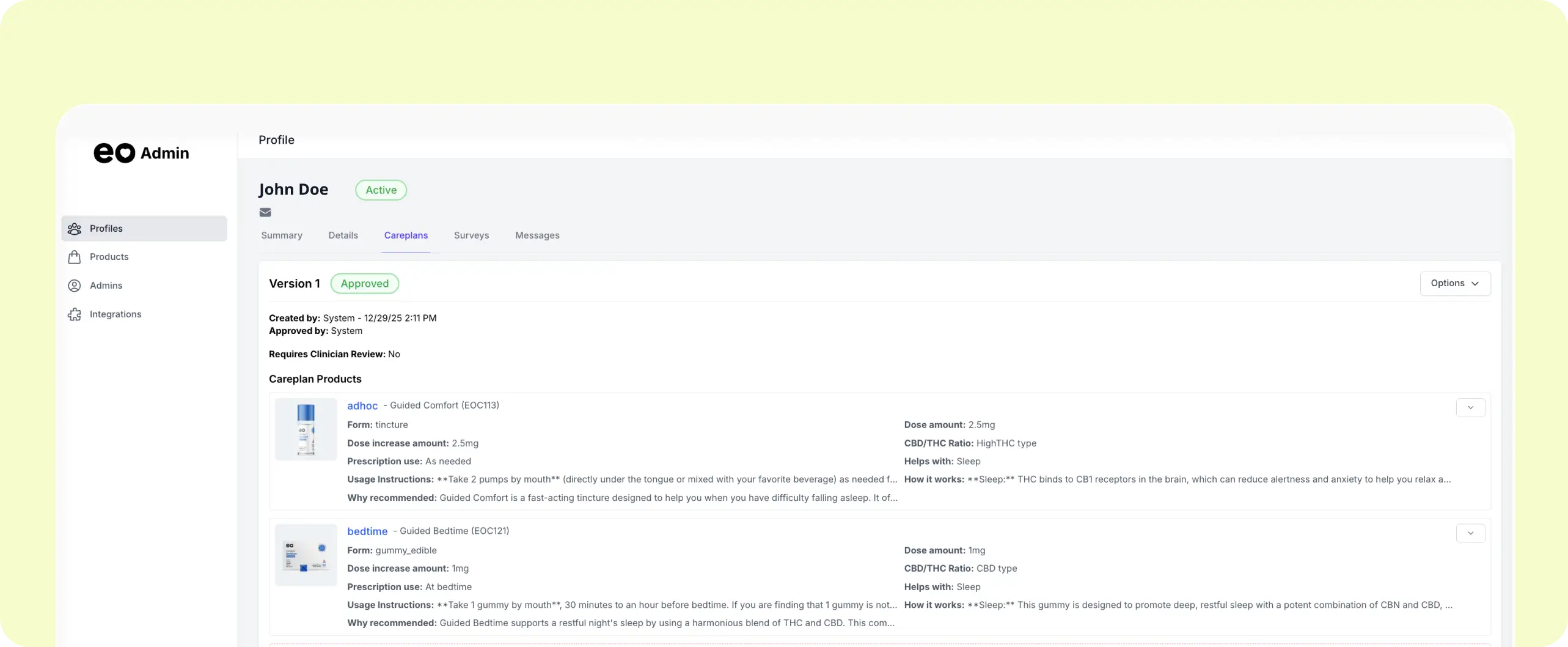 eo Care provider portal displaying patient progress and medical cannabis treatment outcomes