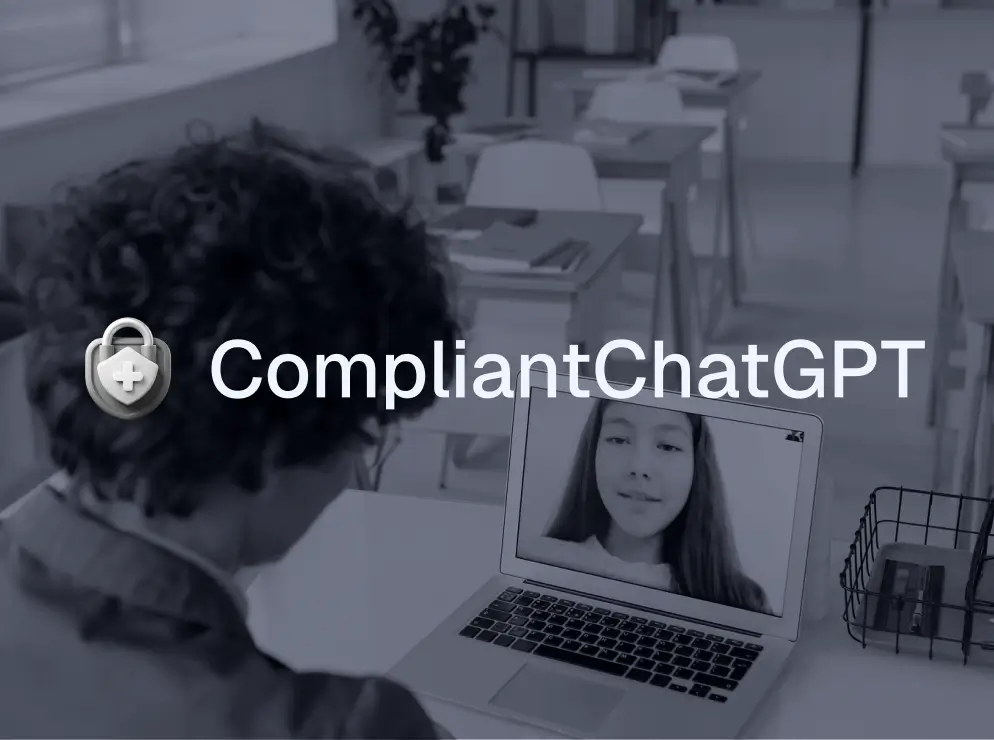 Logo for 'CompliantChatGPT' featuring a silver shield icon with a medical cross, set against a dark background of blurred computer code to represent secure and compliant AI for healthcare.