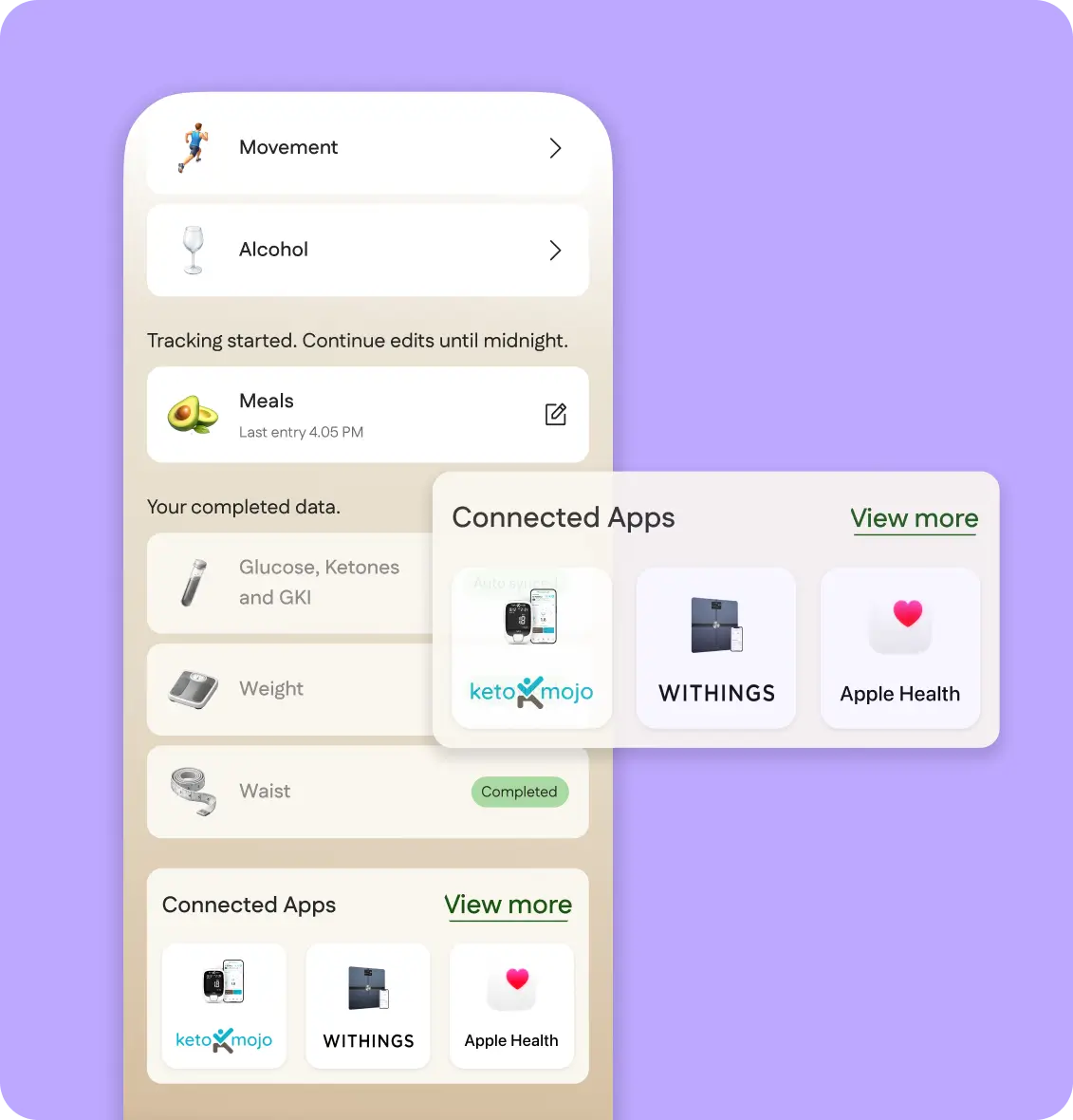MPL patient app showing daily tracking of movement, meals, and alcohol intake, with connected wearable devices including Keto Mojo, Withings, and Apple Health syncing automatically
