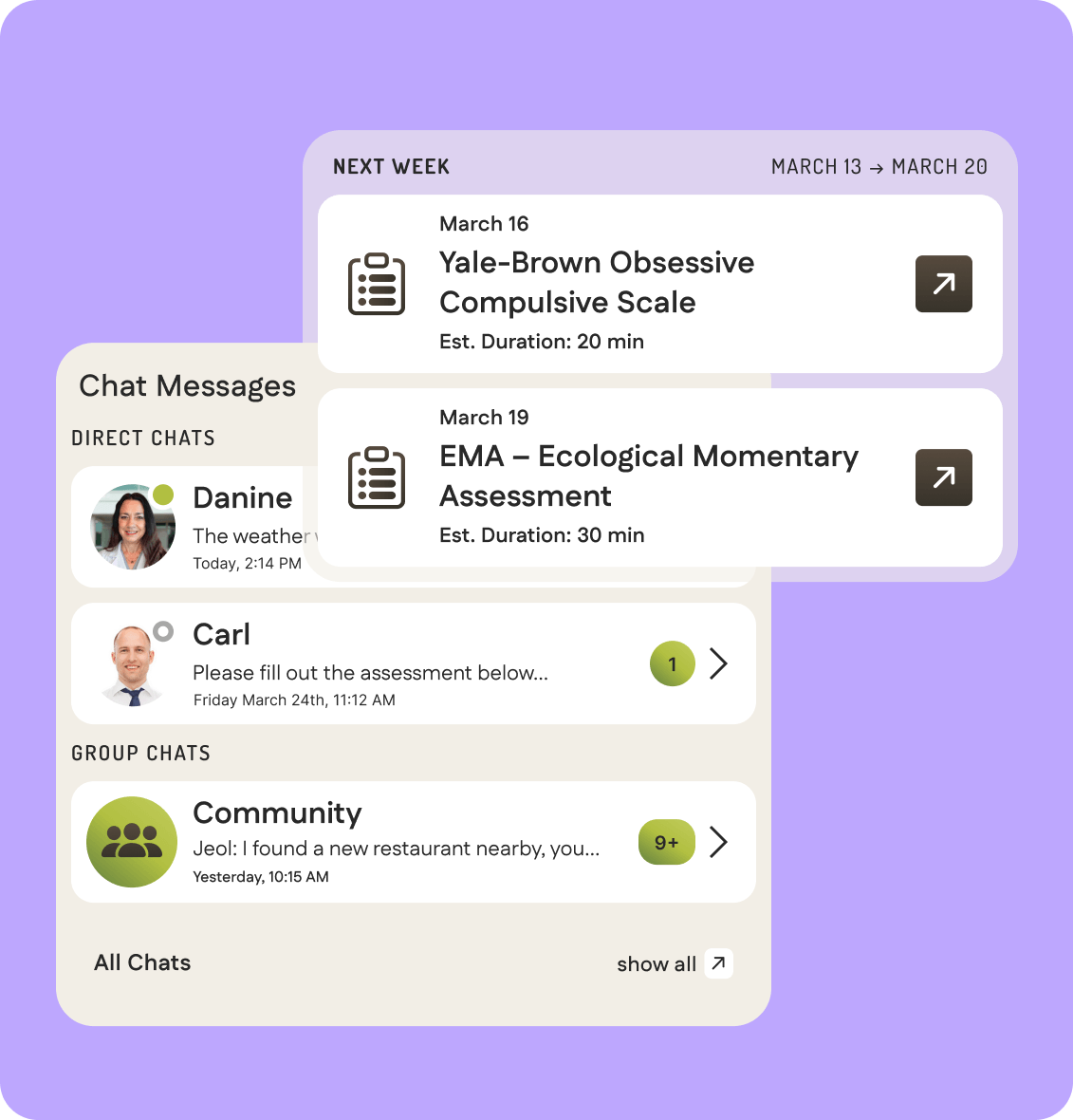 MPL patient app messaging screen with direct chat to care team members and a weekly schedule of upcoming clinical assessments including the Yale-Brown and EMA scales
