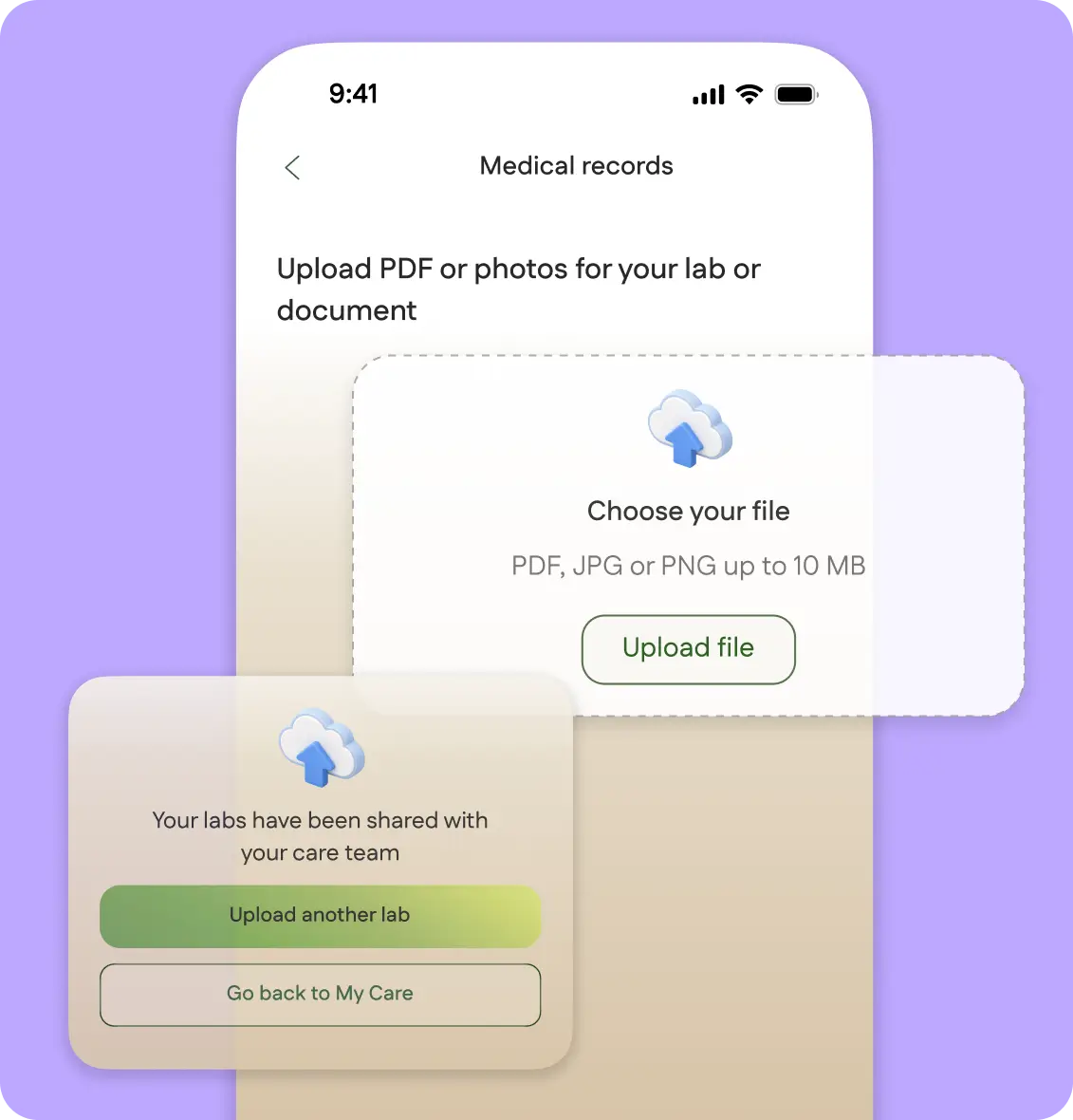 MPL patient app lab upload screen showing a PDF and photo upload flow for medical records, with a confirmation state showing labs successfully shared with the care team
