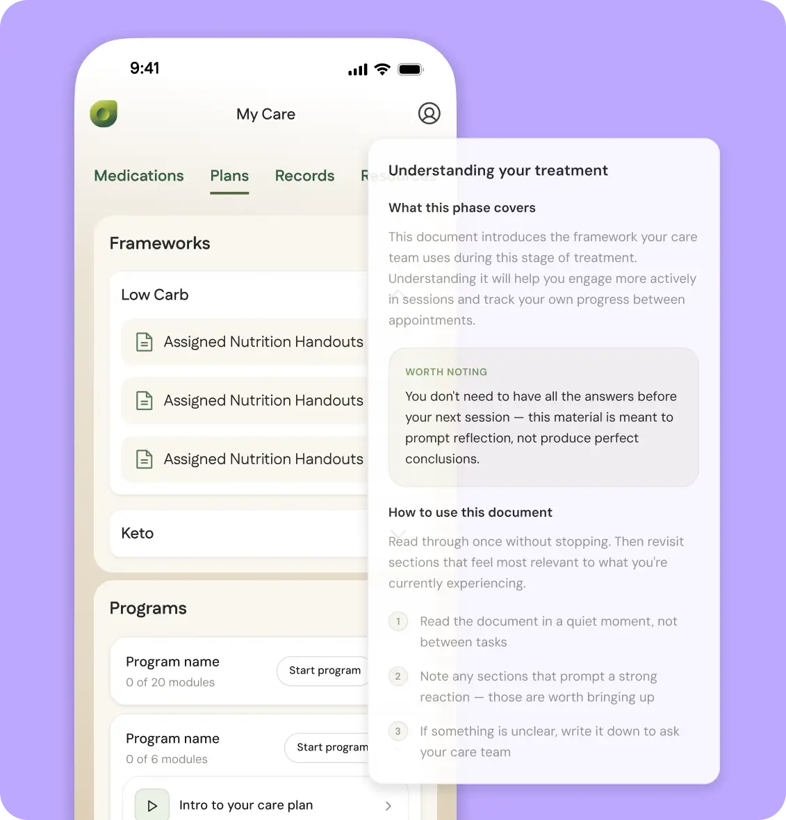 MPL patient My Care screen displaying a tailored treatment plan with assigned nutrition handouts, low carb and keto frameworks, and structured programs with a treatment overview document