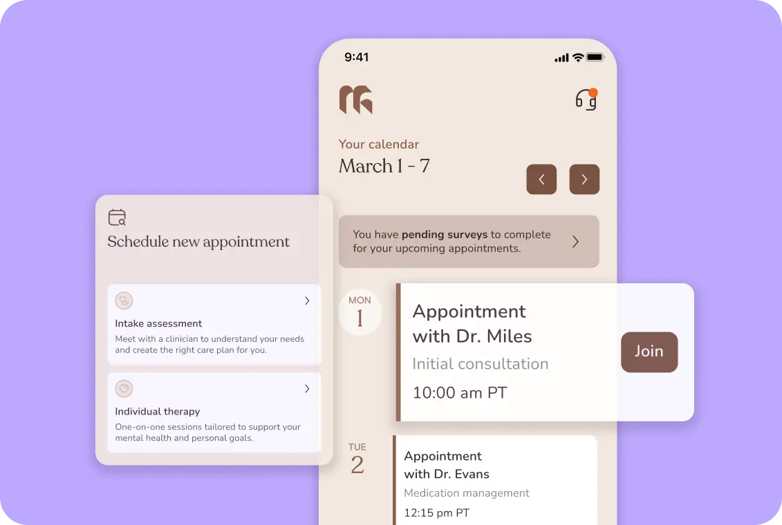 Mavida telehealth app showing appointment scheduling and therapy session management