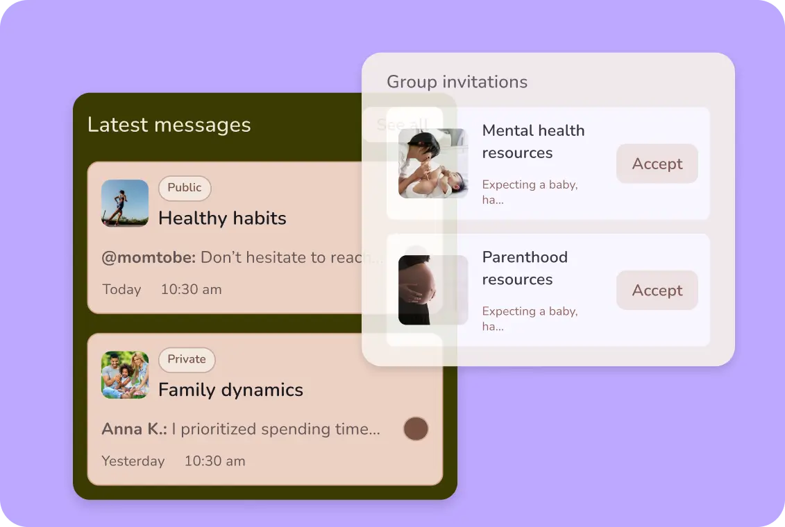 Mavida peer support hub showing group messages and expert-moderated community forums
