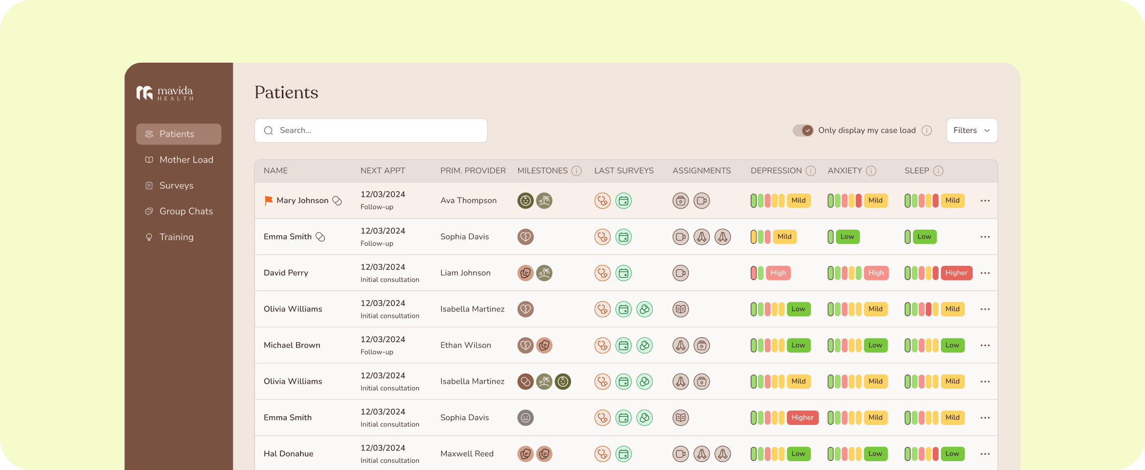 Mavida Health clinician dashboard with full patient list showing appointments, providers, and mental health metrics