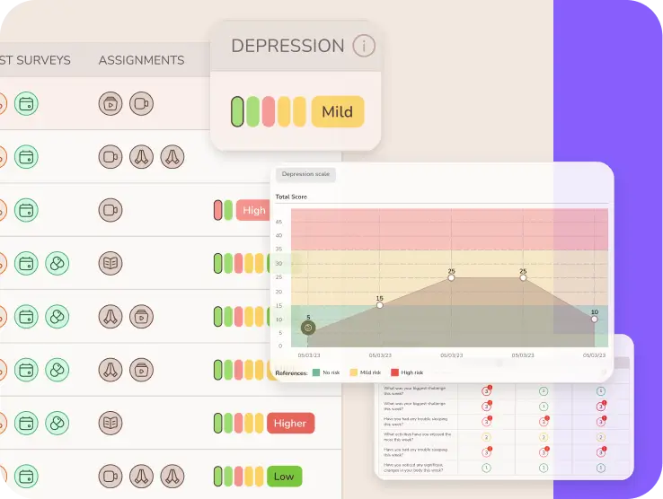 Mavida patient risk score visualization with depression tracking and individual assessment data