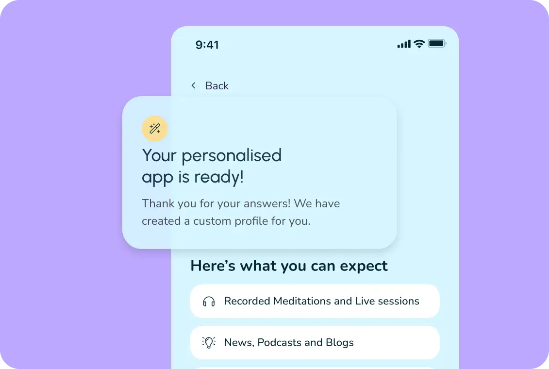 Oxford Mindfulness app personalized onboarding screen with custom user profile and content recommendations