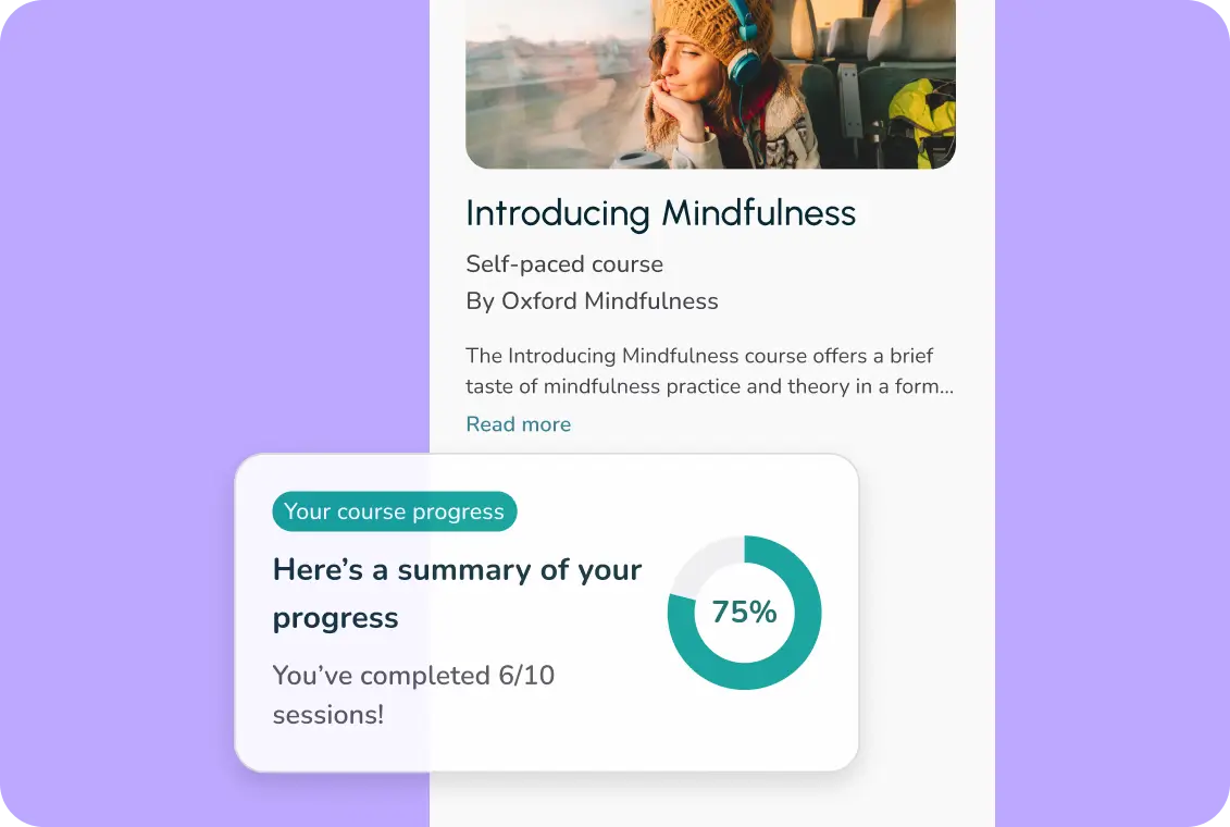 Oxford Mindfulness course progress tracker showing 75% completion with gamification elements