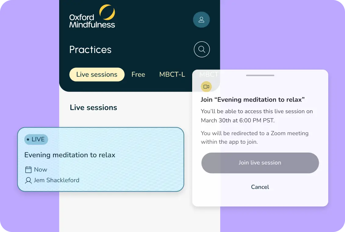 Oxford Mindfulness live session screen with Zoom integration for evening meditation class