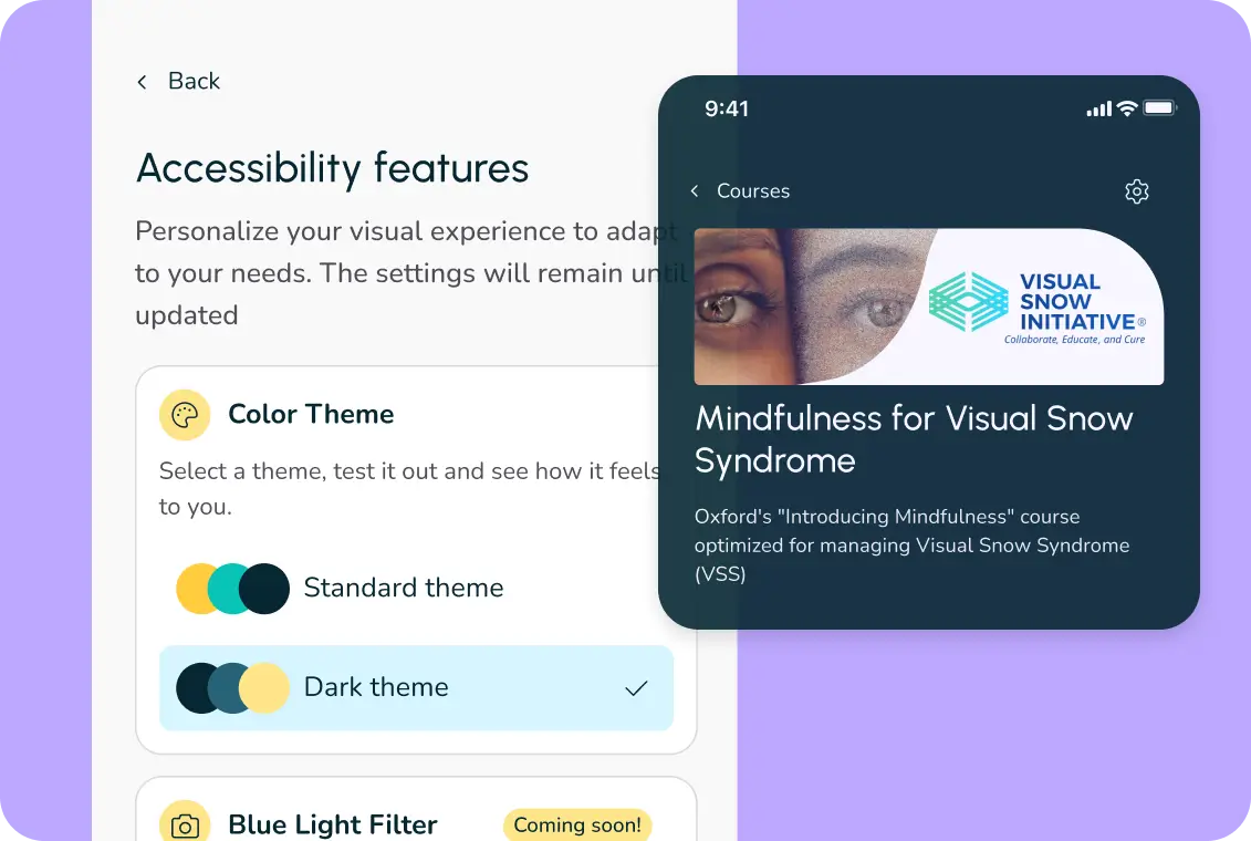 Oxford Mindfulness accessibility features screen with color theme and blue light filter settings for Visual Snow Syndrome