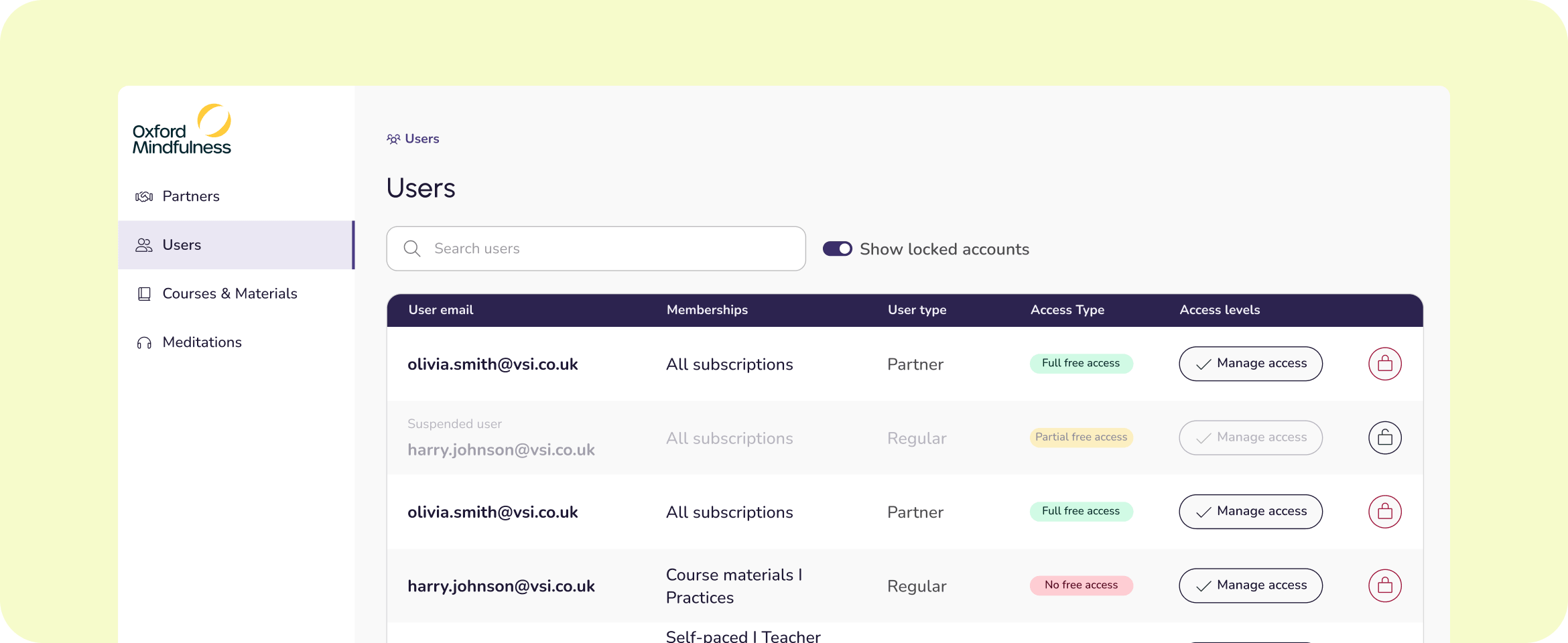 Oxford Mindfulness admin portal showing user management dashboard with membership and access level controls