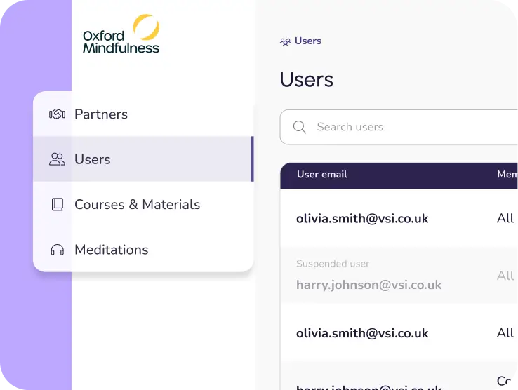 Oxford Mindfulness centralized admin dashboard for managing users, partners, and content uploads