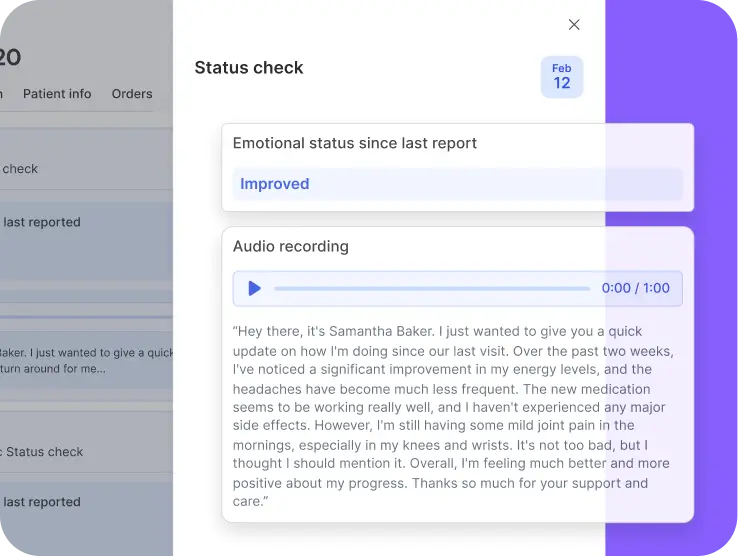 PsychNow patient status check screen showing emotional health reports and voice message submissions