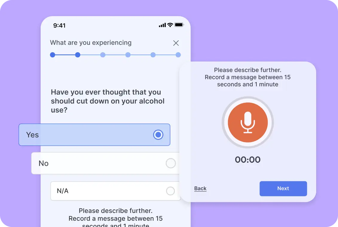 PsychNow voice and text-based patient intake screen with symptom assessment and audio recording