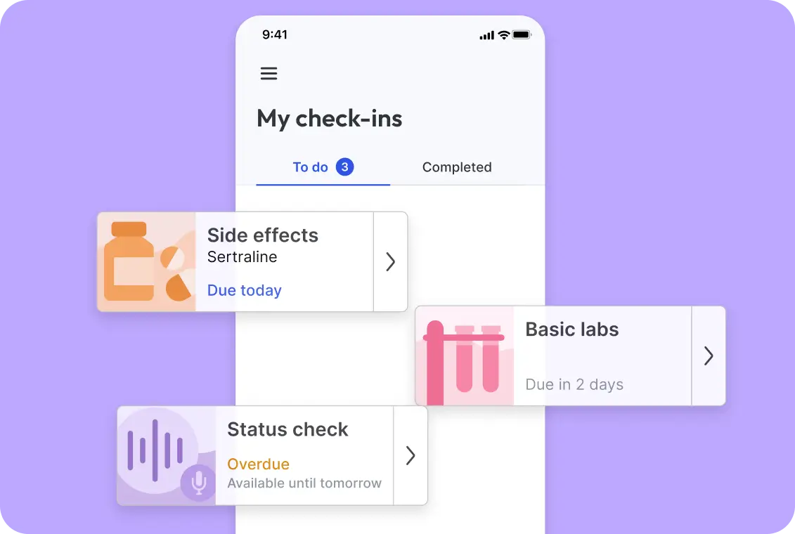 PsychNow patient check-ins dashboard showing pending tasks, lab results, and side effect tracking