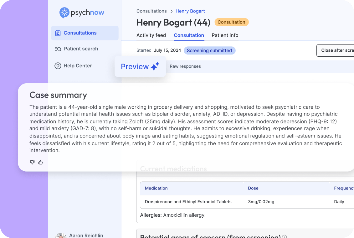 PsychNow AI-generated clinical summary with patient case overview and medication details