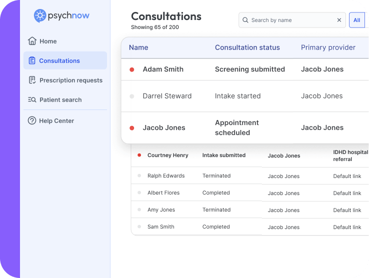 PsychNow consultations dashboard with patient assignments, treatment status, and specialist coordination