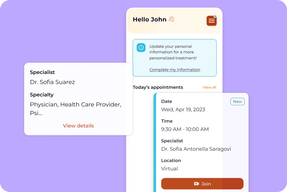 Ab InBev Foundation centralized care journey portal showing assigned clinician and upcoming appointments