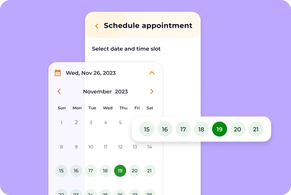 Ab InBev Foundation digital appointment scheduling screen with calendar date and time selection