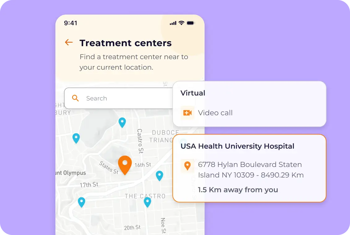 Ab InBev Foundation treatment center locator showing telehealth and in-person visit options on a map