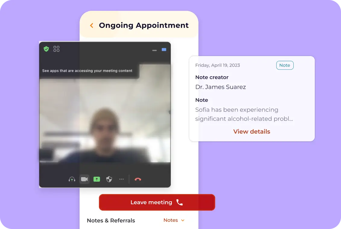 Ab InBev Foundation in-app telehealth session screen with live video consultation and clinical notes