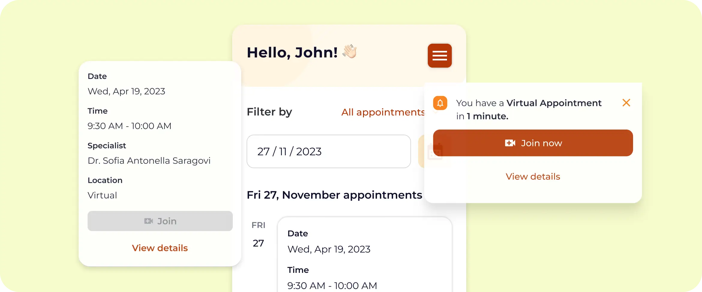 Ab InBev Foundation patient portal showing upcoming virtual appointment with clinician details and join option