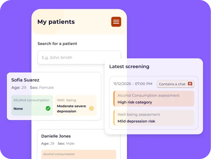 Ab InBev Foundation clinician patient list with risk categories and latest screening results