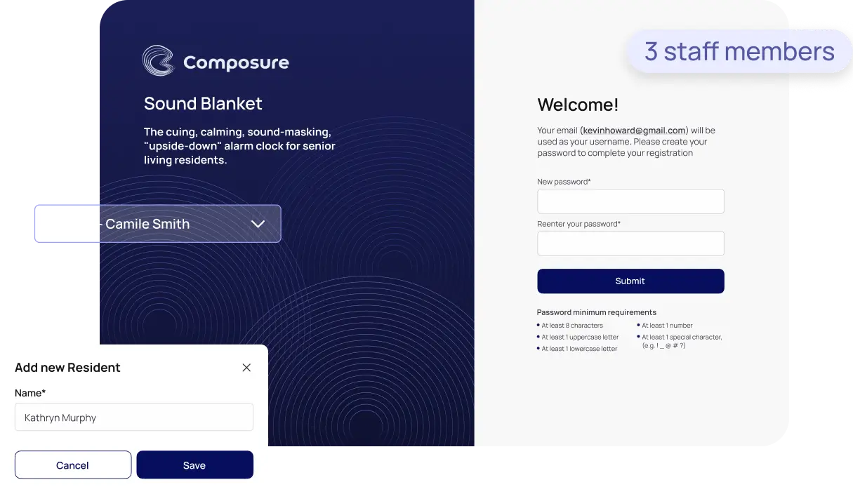 Composure Sound Blanket app onboarding screens showing staff registration and new resident setup