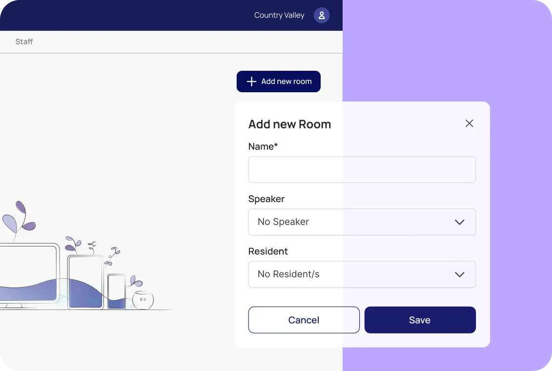 Composure room setup screen with speaker and resident assignment for hardware integration