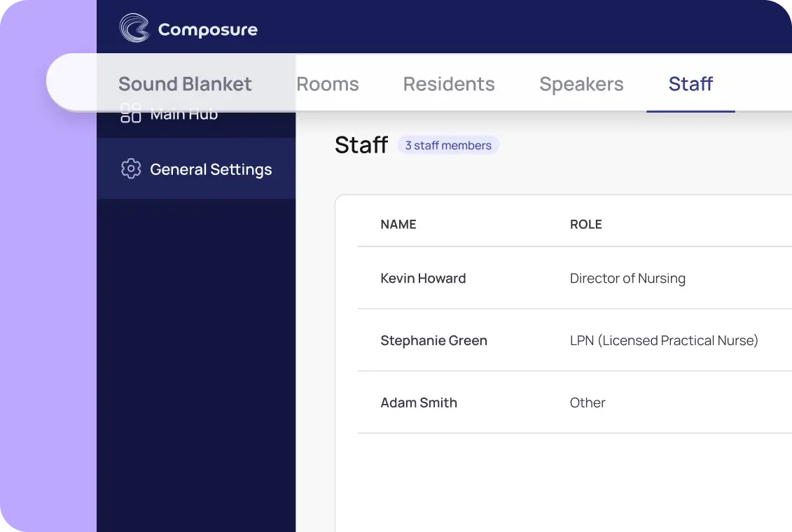 Composure remote audio management dashboard with staff roles and room assignments