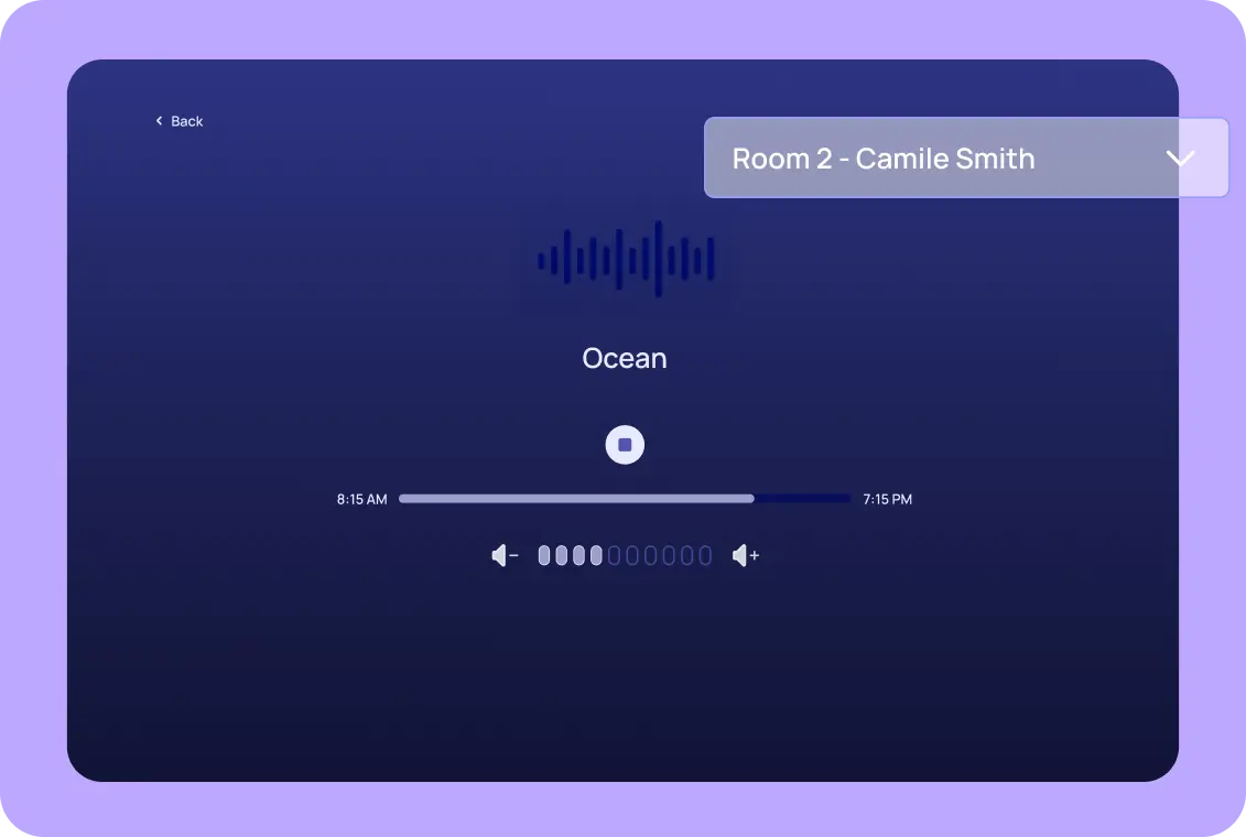 Composure soundscape control screen playing Ocean audio for a resident's room
