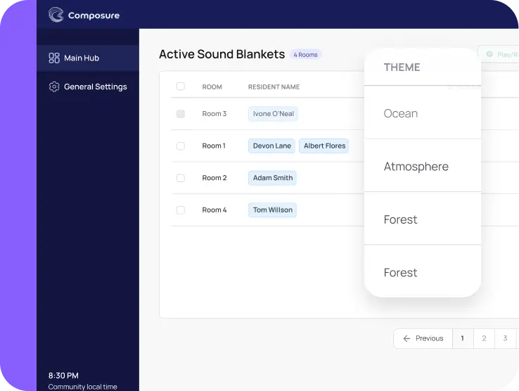 Composure per-room soundscape configuration panel with theme assignment for individual residents
