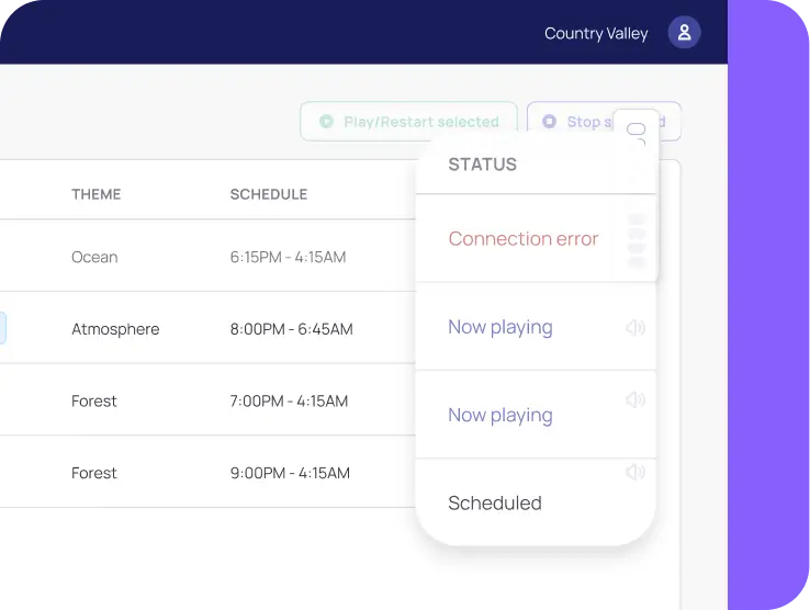Composure real-time room status monitor showing active, scheduled, and connection error states