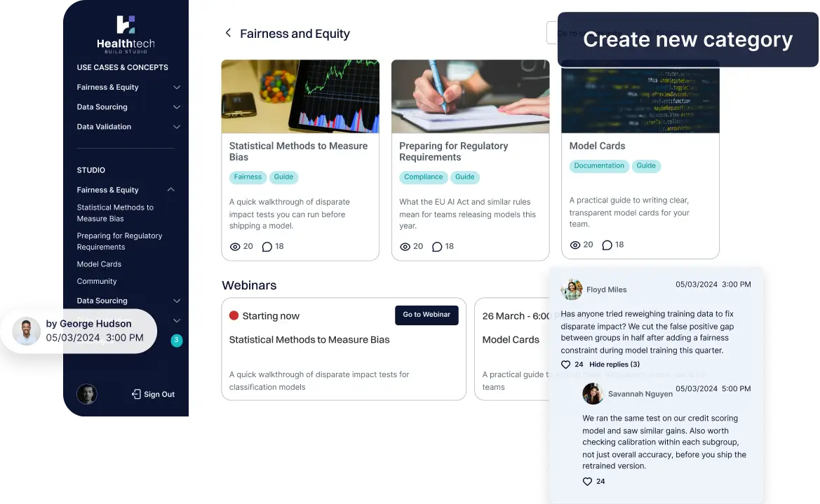 HealthTech Build Studio e-learning platform interface for AI healthcare bias and fairness research