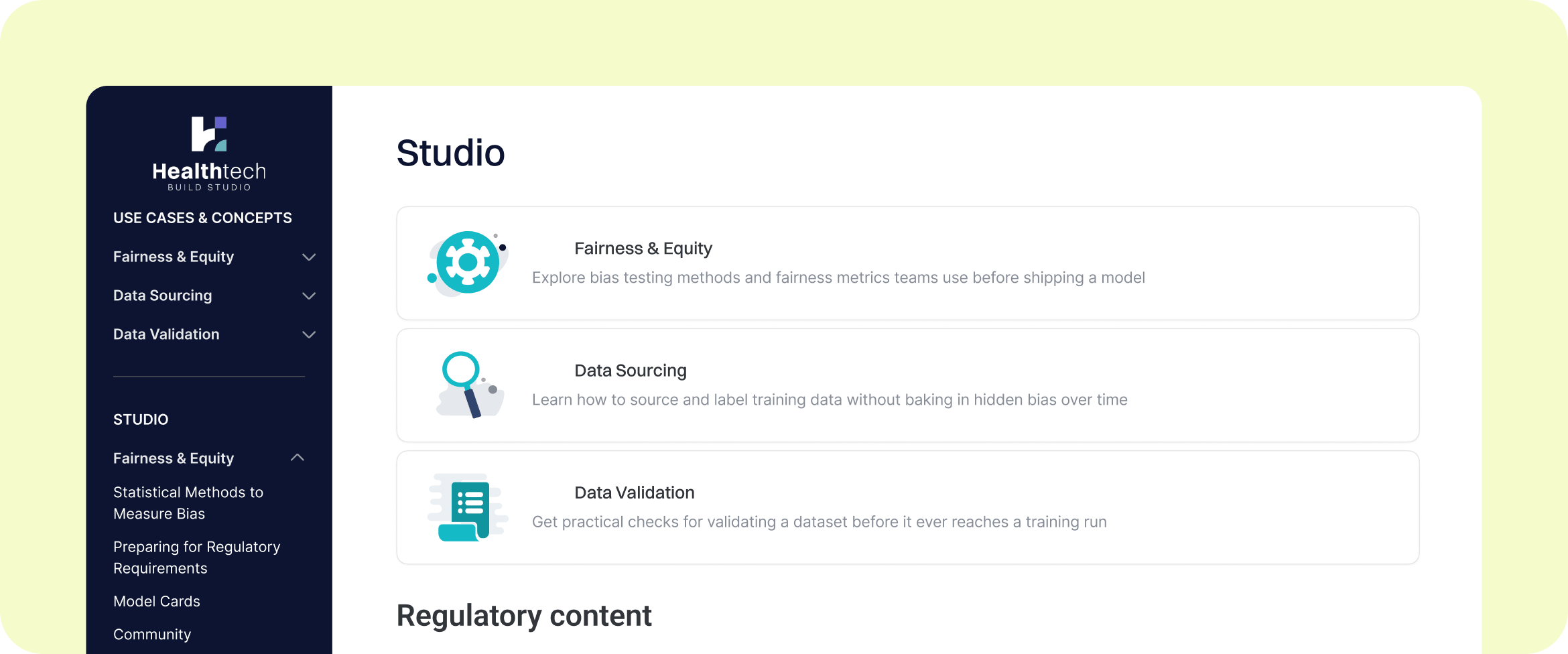 HealthTech Build Studio admin dashboard showing the course builder interface for managing learning modules