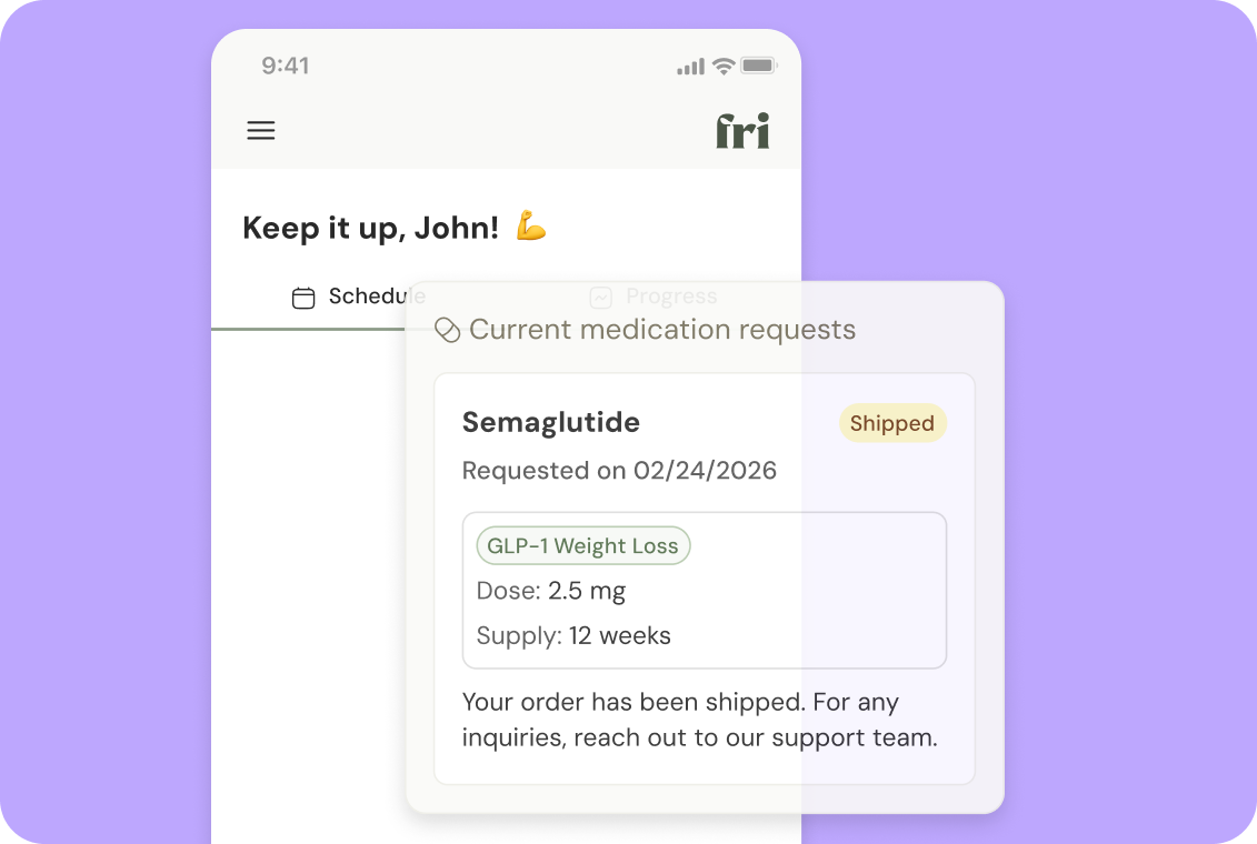 Fridays app screen showing a shipped Semaglutide prescription with 2.5 mg dose and 12-week supply